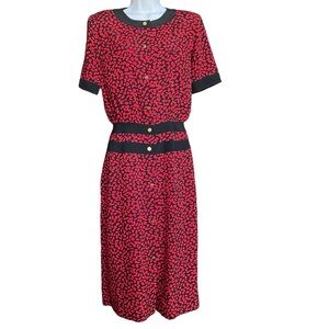 Albert Nipon Vintage Dress Black Red Cofetti Pattern Full Button Front Retro 2